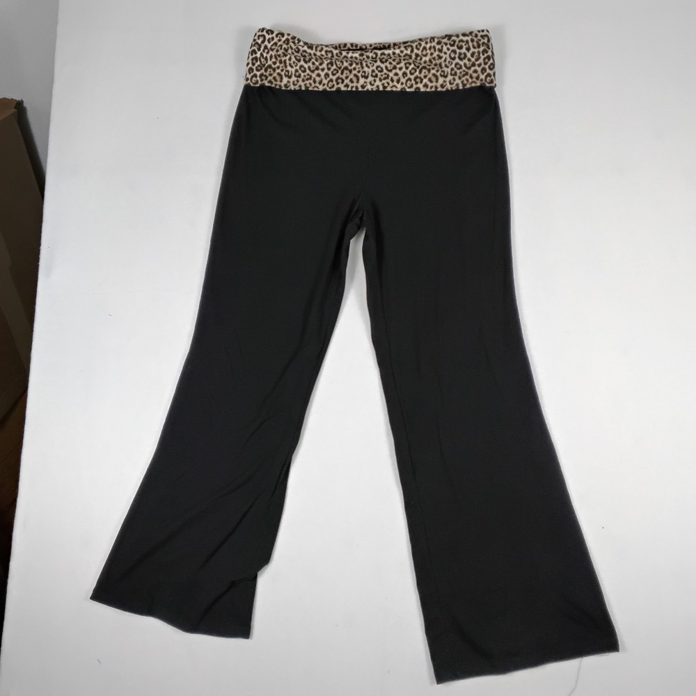 Forever 21 Black Yoga Pants Leopard Print Foldover Waist Flare Leg Boho XL